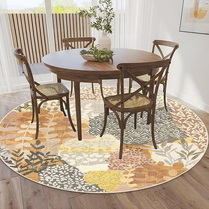DEXDE Round Rug 5ft Washable Circle Area Rugs Non Slip Low Pile Boho Floral Large Circular Carpet for Bedroom Bathroom Entryway Kids Room Office Dining Room,Camel