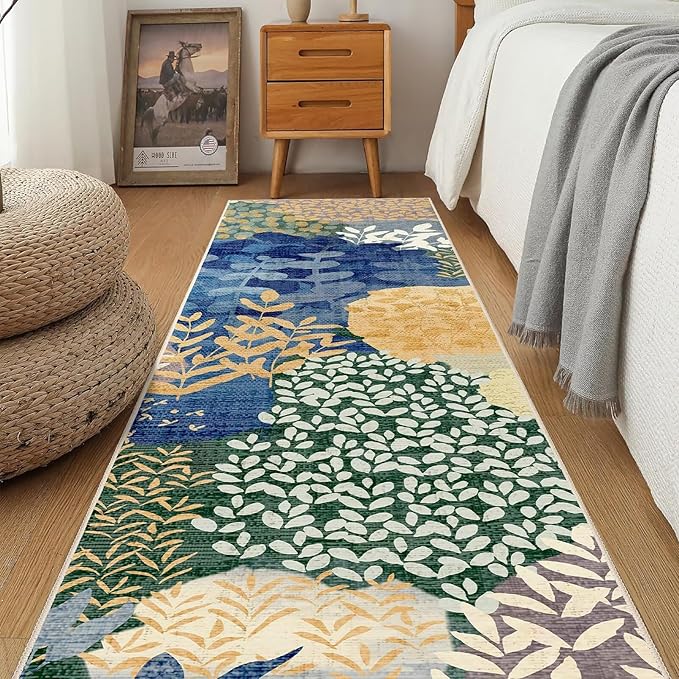 DEXDE Runner Rug 2x8 Washable Hallway Boho Soft Area Rugs Abstract Long Non Slip Leaves Floral Vintage Floor Carpet for Entryway Kitchen Laundry Bathroom Bedroom,Blue