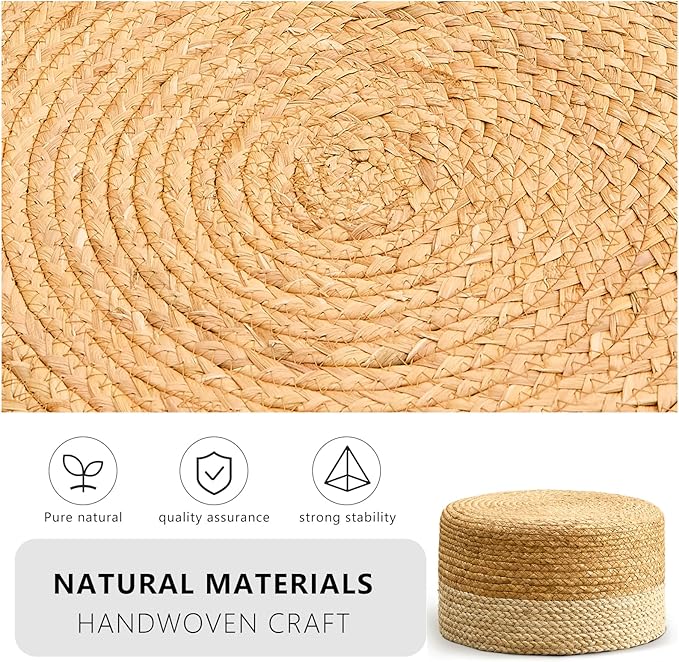 Wimarsbon Round Pouf Ottoman, Natural Hand Knitted Footrest Poof, Rustic Lounge Pouffe, Boho Pous Foot Stool, Accent Table or Seat (Natural Water Hyacinth + White Corn Husk, 17.7 * 17.7 * 9.84)