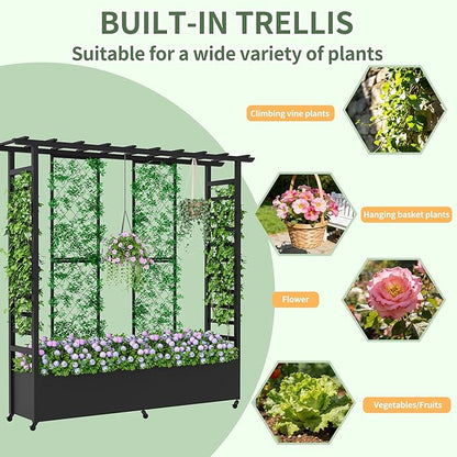 Raised Garden Bed with Trellis & Hanging Roof, Weatherproof Metal Planter Box with Wheels, Garden Arch Trellis for Outdoor Climbing Plants Vines Flowers, 74" H x 77" L x 17" W, Black