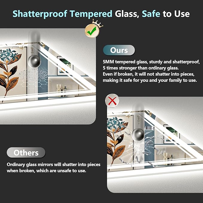 50x36 Inch LED Bathroom Mirror with Lights, Backlit & Front Lit, Anti-Fog Lighted Vanity Mirrors for Bathroom Wall, Dimmable, 3-Color Light, Memory, Shatter-Proof, HD Tempered Glass, CRI ＞90