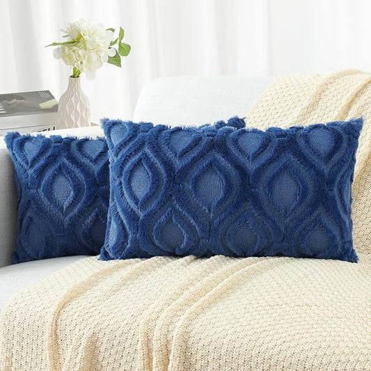decorUhome Spring Throw Pillow Covers 12x20 Inch Set of 2, Soft Plush Faux Wool Dark Blue Solid Couch Pillow Covers, Accent Farmhouse Neutral Square Pillow Cases for Sofa Bed Living Room