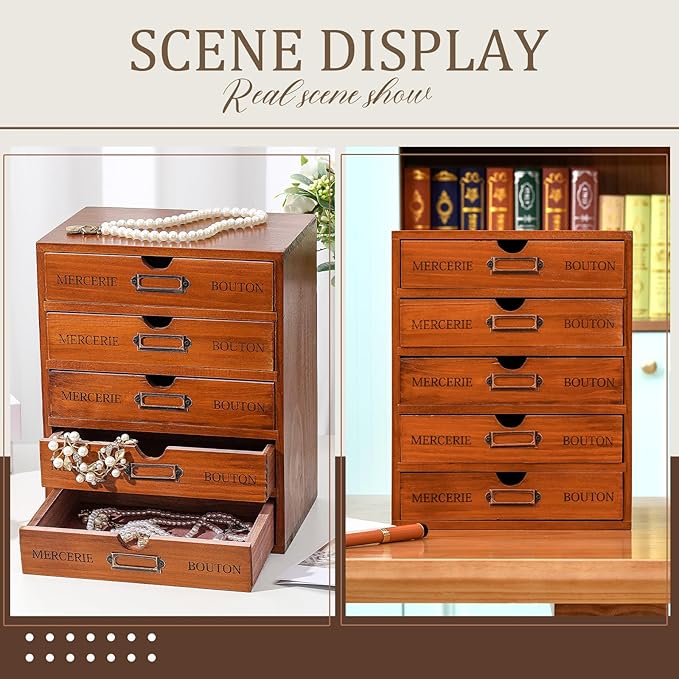 Wesiti 5 Drawer Apothecary Cabinet - Vintage Wooden Desk Organizer - Library Card Catalog Wood Storage Box - Office Desktop Dresser for Stationery, Thread Embroidery, Sewing, Crafts, Junk & Supplies
