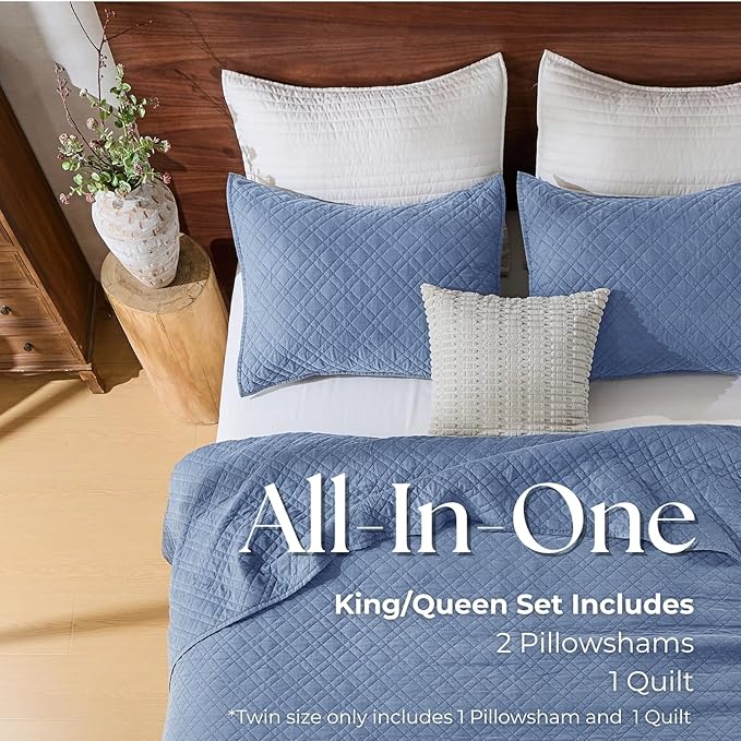 DOWN HOME King Quilt Set with Shams Lightweight Quilted Bedspread Coverlet Thin Comforter Bed Cover Vintage Washed Quilted Blanket for All Season, Brushed Microfiber Diamond Stitching, Blue, 104"x92"