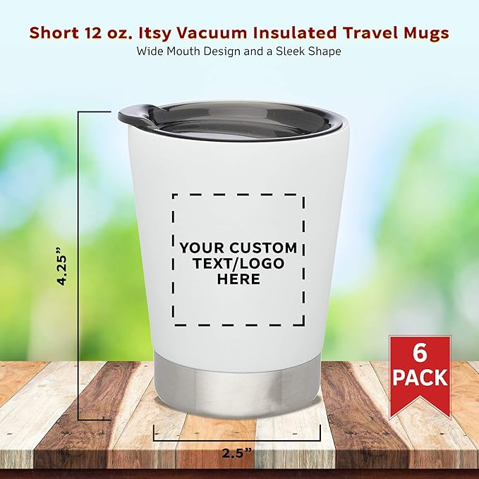 Personalized 12 oz. Itsy Vacuum Insulated Travel Mugs - 6 Pack - Custom Text, Logo - White