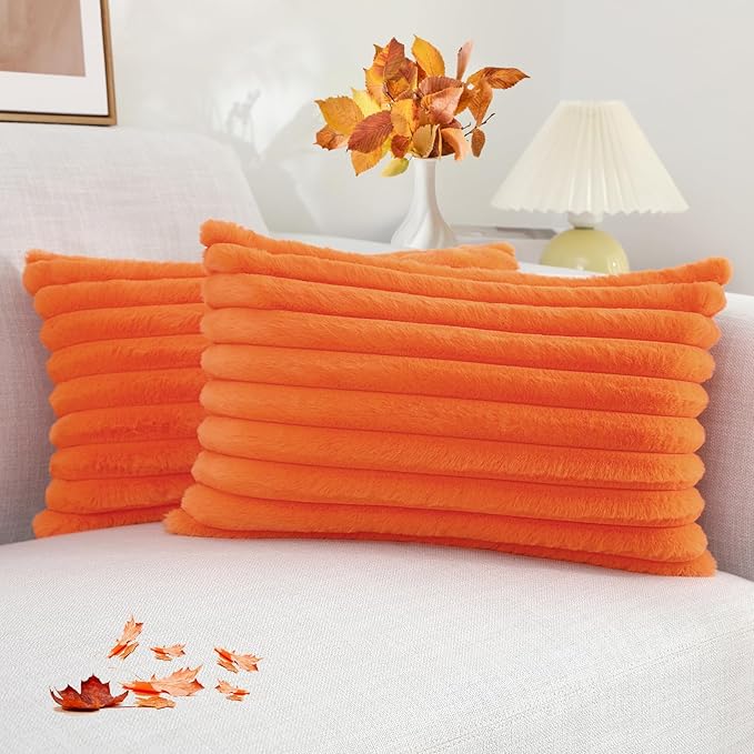decorUhome Faux Fur Spring Throw Pillow Covers 12x20 Set of 2, Decorative Soft Plush Striped Lumbar Neutral Couch Pillow Covers with Velvet Back for Sofa, Bed, Living Room Home, Orange