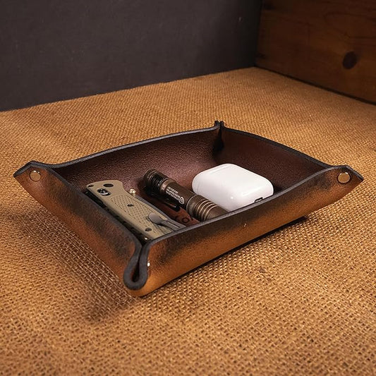 Valet Tray – Full-Grain Leather Catchall Organizer for Keys, Phone & Wallet – Rustic Nightstand & Desk Tray with Raised Sides – Handmade in USA (Vintage Brown, Small Rectangle)