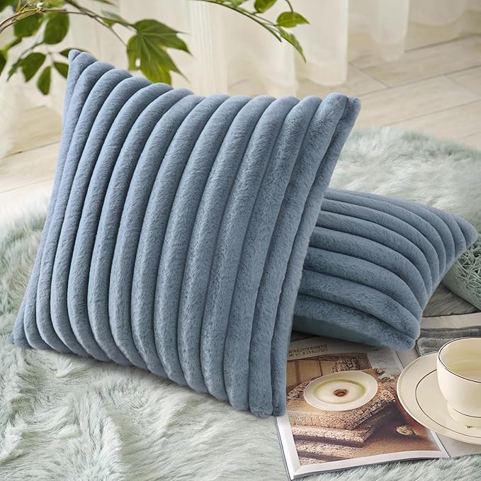decorUhome Faux Fur Spring Throw Pillow Covers 20x20 Set of 2, Decorative Soft Plush Striped Neutral Couch Pillow Covers with Velvet Back for Sofa, Bed, Living Room Home, Grey Blue