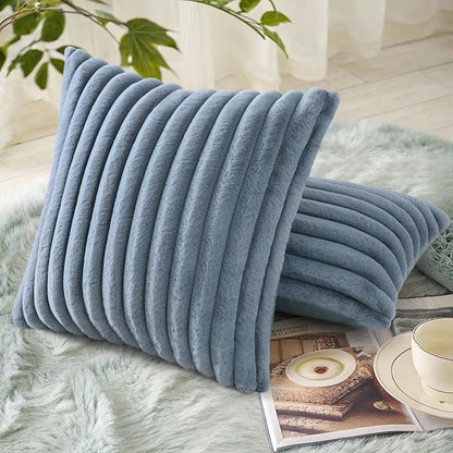 decorUhome Faux Fur Spring Throw Pillow Covers 22x22 Set of 2, Decorative Soft Plush Striped Neutral Couch Euro Sham Pillow Covers with Velvet Back for Sofa, Bed, Living Room Home, Grey Blue