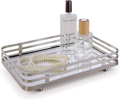 SunnyPoint Classic Decorative Vanity Perfume Dresser Jewelry Organizer Makeup Mirror Tray (Satin Nickel)