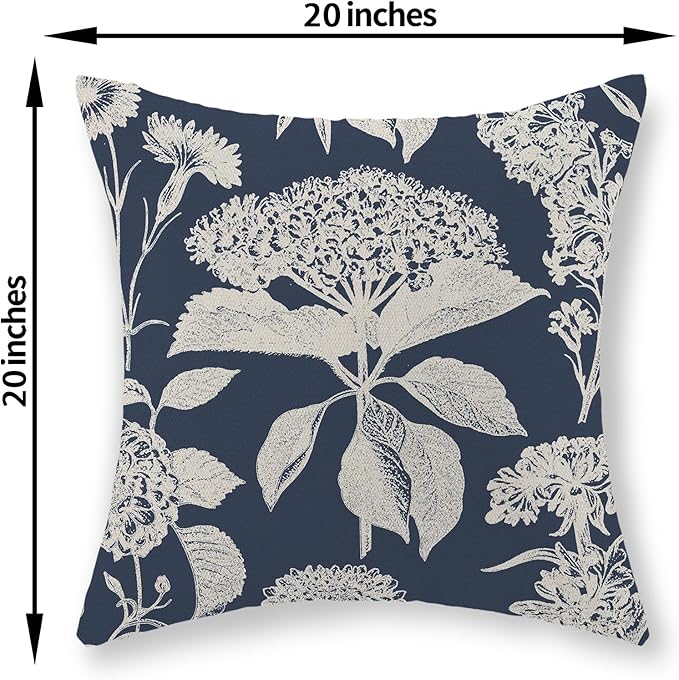 Blue Pillow Covers 20x20 Set of 2 Boho White Floral Throw Pillows Hydrangea Herbs Botanical Decoration Pillowcase Linen Farmhouse Vintage Flower Cushion Case Outdoor Decorative for Couch Sofa