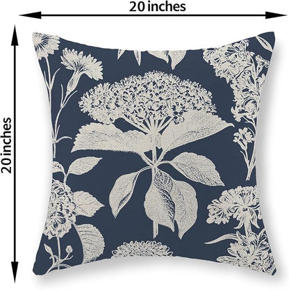 Blue Pillow Covers 20x20 Set of 2 Boho White Floral Throw Pillows Hydrangea Herbs Botanical Decoration Pillowcase Linen Farmhouse Vintage Flower Cushion Case Outdoor Decorative for Couch Sofa