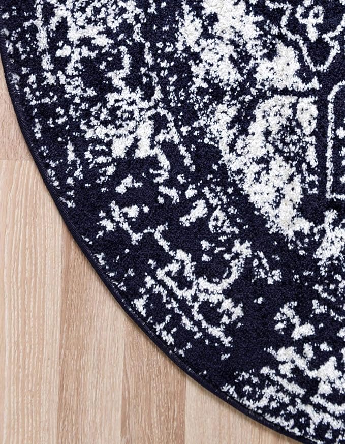 Rugs.com Arlington Collection Rug – 8 Ft Round Navy Blue Medium-Pile Rug Perfect for Kitchens, Dining Rooms