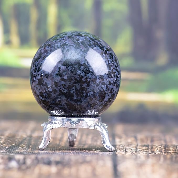 Crocon 45mm Indigo Gabbro Stone Sphere Ball with Metal Stand 1400+ Carats Gemstone Ball Healing Sphere Sculpture Figurine for Fengshui Divination Home Decoration Photography Crystal Sphere