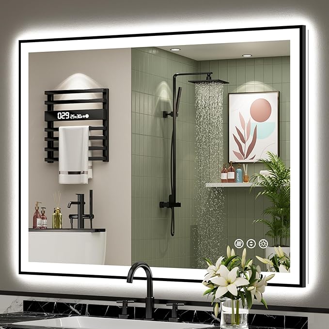 48x38 Black Framed LED Bathroom Mirror with Lights, Backlit + Front Lit, Anti-Fog Lighted Vanity Mirror for Bathroom Wall with 3 Colors, Dimmable, Memory, Tempered Glass, Horizontal/Vertical
