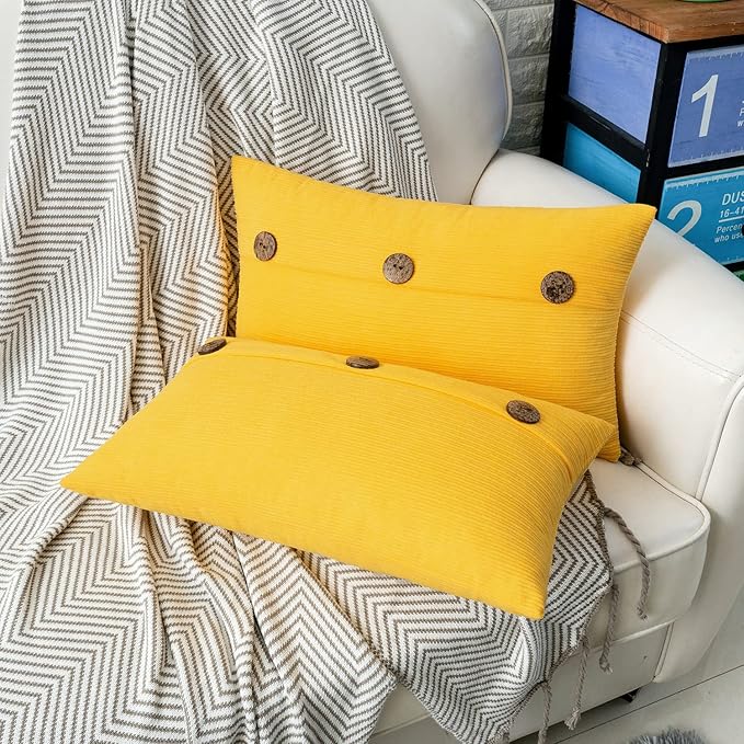 HWY 50 Yellow Chenille Throw Pillow Covers 12x20 Inch with Triple Buttons, Soft Farmhouse Accent Decorative Cushion Cases for Couch Sofa Living Room Pack of 2 Rectangle
