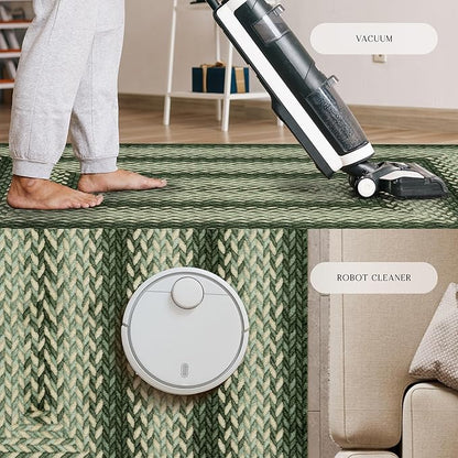 Maples Rugs Marion Bohemian Braided Design Print Area Rug – Made in USA – Washable, Non Slip Indoor Carpet for Entryway, Foyer, Kitchen, and Bathroom, 34" x 20", Green