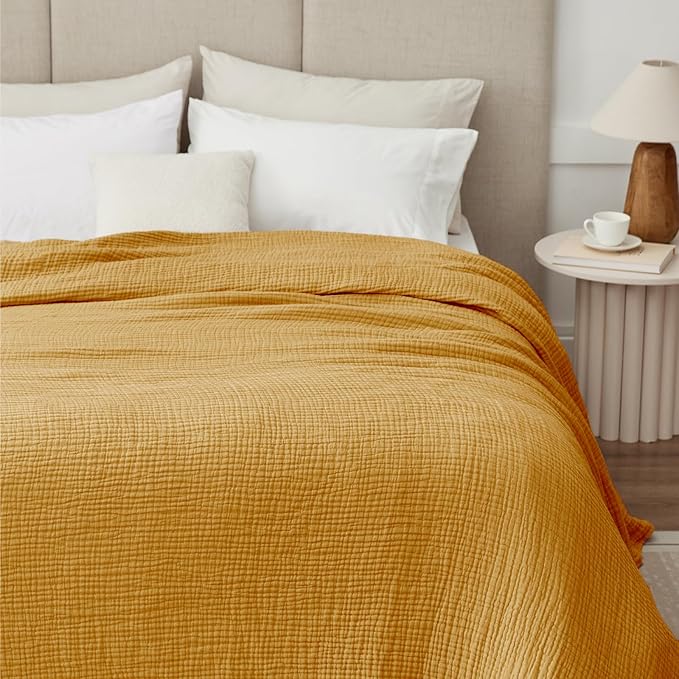 100% Cotton Muslin Blanket 50"x 60", 6 Layers Breathable and Lightweight Cotton Throw Blankets for Couch, Soft Cooling Summer Gauze Blanket for Adults All Season, Mustard