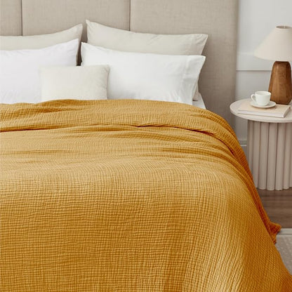 100% Cotton Muslin Blanket 50"x 60", 6 Layers Breathable and Lightweight Cotton Throw Blankets for Couch, Soft Cooling Summer Gauze Blanket for Adults All Season, Mustard