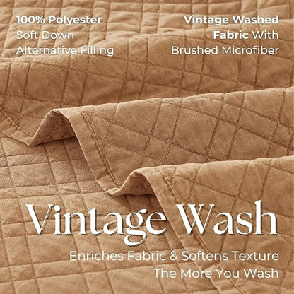 Cali King Quilt Set with Shams Lightweight Quilted Bedspread Coverlet Thin Comforter Bed Cover Vintage Washed Quilted Blanket for All Season, Brushed Microfiber Diamond Stitching, Brown, 111"x92"