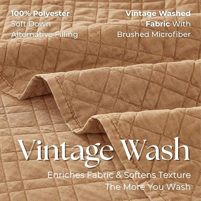 Queen Quilt Set with Shams Lightweight Quilted Bedspread Coverlet Thin Comforter Bed Cover Vintage Washed Quilted Blanket for All Season, Brushed Microfiber Diamond Stitching, Brown, 88"x92"