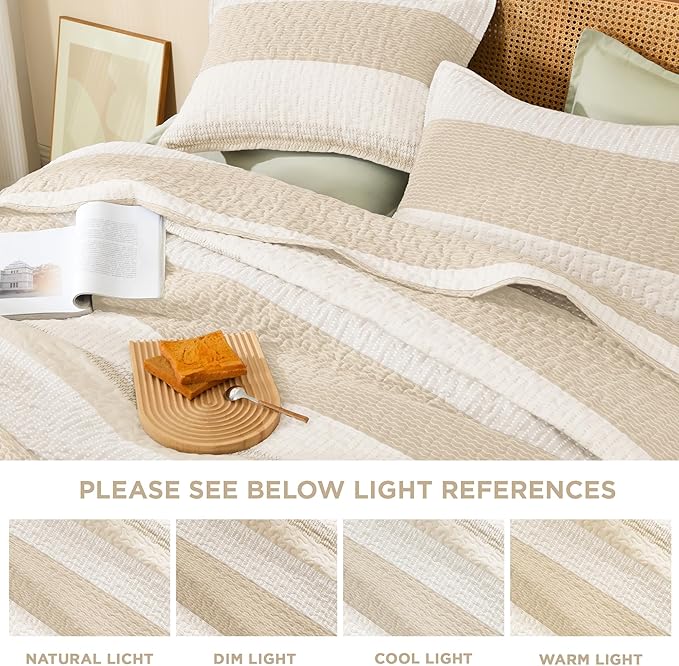Litanika Quilt King Size Beige, Stripe Patchwork Summer Bedspread Coverlet 3 Pieces, Soft Lightweight Microfiber Quilted Bedding Set for All Season(1 Quilt, 2 Pillowcases)
