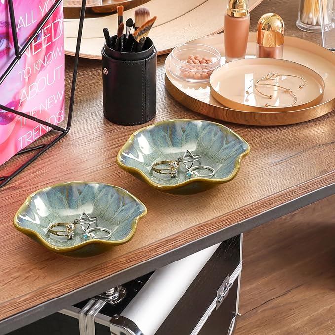 8 Pcs Ceramic Trinket Dish Lotus Leaf Jewelry Tray Small Ring Dish for Earrings, Rings, Jewelry Holder, Key Bowl(Dark Green)