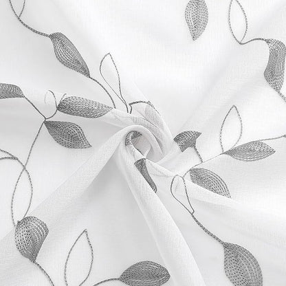 Tollpiz Grey Leaf Sheer Tier Curtain Leaves Embroidered Kitchen Curtains Rod Pocket Voile Bathroom Window Treatment for Cafe, 30 x 36 inches Long, Set of 2 Panels