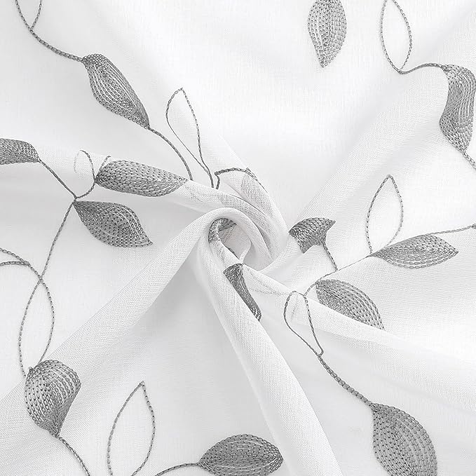 Tollpiz Grey Leaf Sheer Curtain Leaves Embroidered Living Room Short Curtains Rod Pocket Voile Window Treatment for Bedroom, 54 x 54 inches Long, Set of 2 Panels