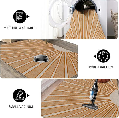 Boho Sun Print Area Rug for Living Room 4x5, Modern Abstract Non-Slip Washable Rugs, Soft Stripe Minimalism Carpet for Bedroom, Nursery, Entryway, Dining Room & Office Decor, Orange White