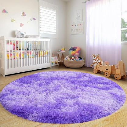 Round Fluffy Rugs 4Ft for Girls Bedroom, Tie-Dyed Purple Shag Circle Kids Rug Non-Slip for Bedside Dorm Nursery Playroom, Soft Cute Area Rugs for Living Room Decor
