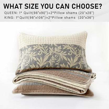 PERHOM King Size Quilt Set, 3 Pieces 100% Cotton King Quilted Bedding with 2 Pillow Shams, Farmhouse Stiped Botanical Pattern, Lightweight Reversible Coverlet Bedspread, Brown/Beige/Gray