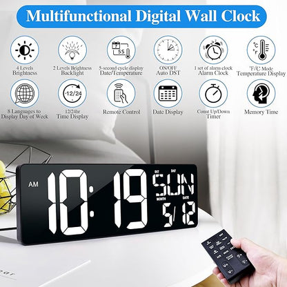 Large Digital Wall Clock with Remote Control 17.2" LED Large Display Timer with Temperature Date Week Auto DST Adjustable Brightness, Big Wall Alarm Clock for Living Room Office Garage Gym Seniors