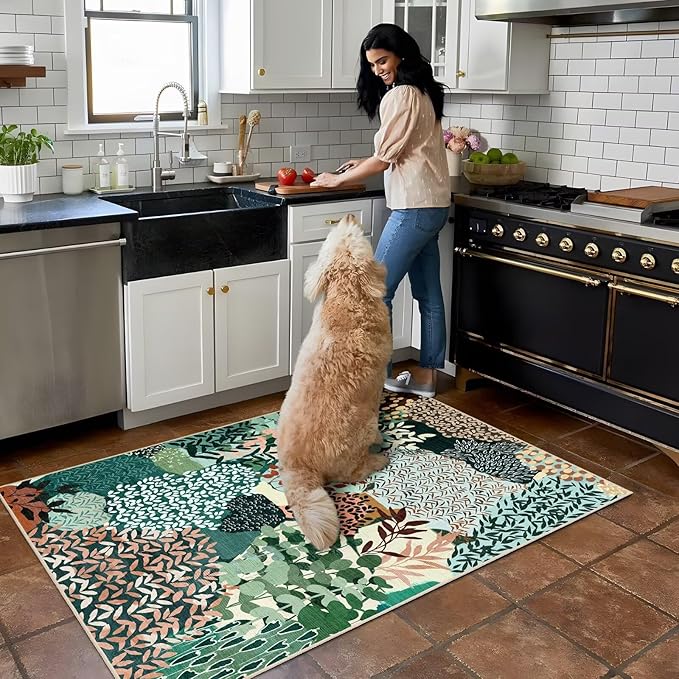 DEXDE Washable Area Rug 3x5 for Living Room, Abstract Small Boho Rugs Non Slip Soft Kids Room,Vintage Leaves Floral Carpet for Bedroom Entryway Kitchen Office Dining Room, Dark Green