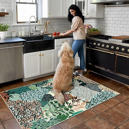 DEXDE Washable Area Rug 3x5 for Living Room, Abstract Small Boho Rugs Non Slip Soft Kids Room,Vintage Leaves Floral Carpet for Bedroom Entryway Kitchen Office Dining Room, Dark Green
