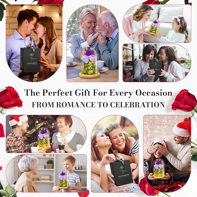 Forever Flowers Preserved Roses Prime Delivery For Women, Glass Dome Light Up Preserved Flowers , Christmas Anniversary Thanksgiving Gifts For Wife Girlfriend Women Best Friend Grandma(Purple)