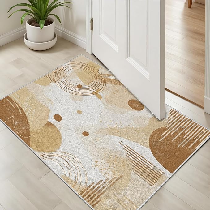 Minimalist Abstract Area Rug 5x8 Beige Boho, Modern Washable Geometric Art Carpet, Soft Non-Slip Low-Pile Carpet for Living Room, Bedroom, Kitchen, Dining Room, Pet Friendly, Non-Shedding, Brown