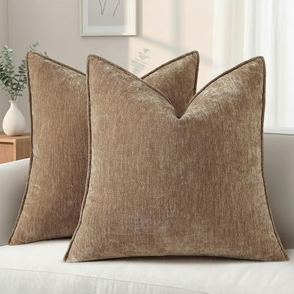 decorUhome Spring Couch Throw Pillow Covers 18x18 Set of 2, Decorative Soft Velvet Neutral Chenille Pillow Covers with Elegant Design for Sofa Bed Living Room Home Decor, Brown