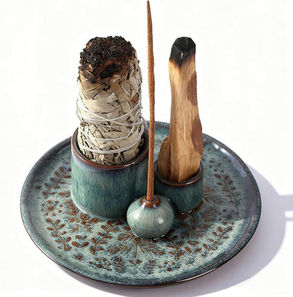 5 in 1 Incense Holder Burner, 5.9" Ceramic Holder for Burning Palo Santo Sage Candle and Incense Sticks Cones, Ash Catcher Tray for Meditation Room Home Décor (Bluegrey)