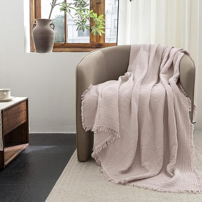 FOSSA Muslin Blanket with Fringe - 4-Layer 100% Cotton Gauze Super Soft & Breathable Throw -Lightweight Decorative Cooling Blanket for Bed, Sofa, Office (Greyish Pink, Throw XL (50" × 70"))