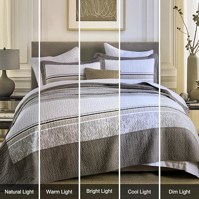 Oversized King Bedspread Quilt 120" x 120", 100% Cotton Lightweight Bed Spreads Coverlet Set Farmhouse Bedding Cover, 3 Piece, Brown/Gray/Beige