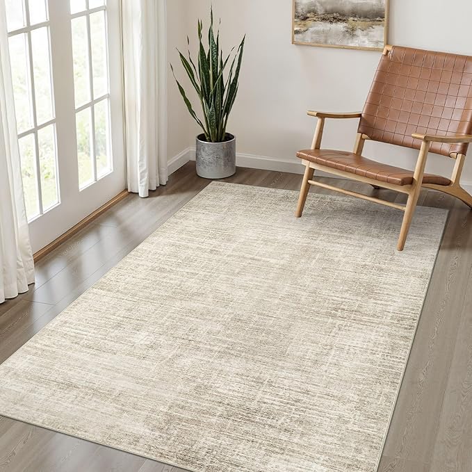 4x6 Rug Washable Area Rugs: Neutral Abstract Soft Modern Stain Resistant Small Indoor Floor Non-Slip Low Pile Throw Carpet for Entryway Kitchen Bedroom Nursery Kids Office Playroom Home House- Beige