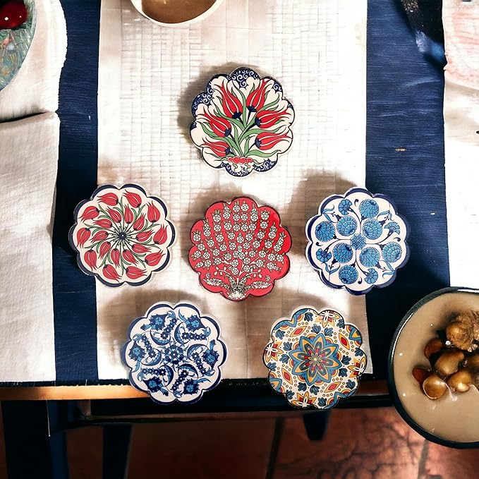 Turkish Ceramic Plate Absorbent Daisy Desing Coasters for Drinks House Warming,Living Room Decoration Gift Set of 6 No Holder,Oversize Better Protects Furniture from Damage (Multi 3)