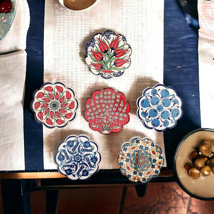 Turkish Ceramic Plate Absorbent Daisy Desing Coasters for Drinks House Warming,Living Room Decoration Gift Set of 6 No Holder,Oversize Better Protects Furniture from Damage (Multi 3)