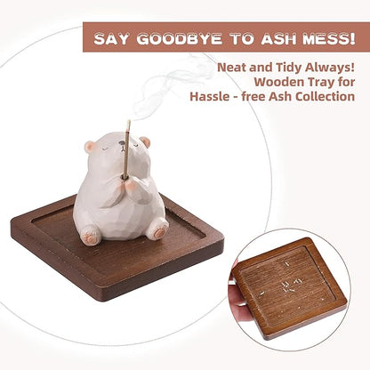 Lionpower Incense Holder for Sticks with Burner & Ash Catcher - Resin Bear, Wooden Tray, 10 Incense Sticks for Meditation Yoga Spa, Cute Home Decor Room Accessories (Bear)
