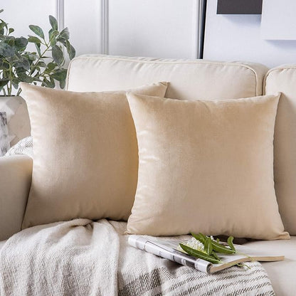 Phantoscope Pack of 2 Velvet Decorative Throw Pillow Covers Soft Solid Square Cushion Case for Couch Beige 24 x 24 inches 60 x 60 cm