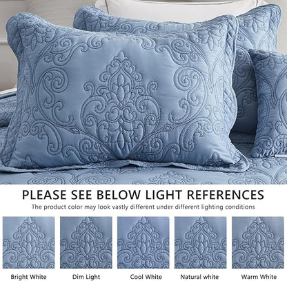 CHIXIN Bedspread Coverlet Quilt Set Full Size - Lightweight Bedding Cover - Beautiful Stitching - 5 Piece Reversible Bedspread - Luxury Damask Paisley Pattern (Full, Ashley Blue)