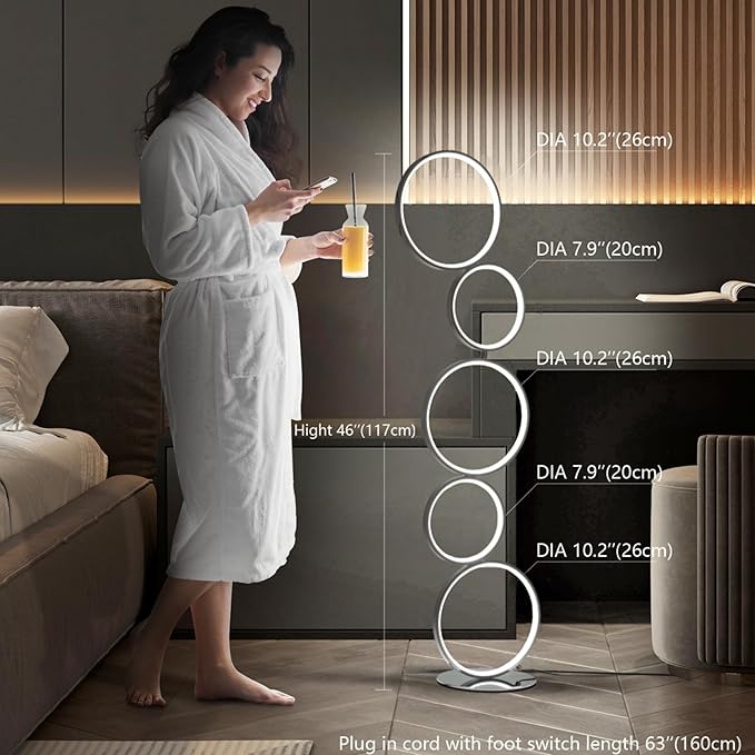 COSYLUX LED Modern Floor Lamp for Bedroom, 3 Way Bright Dimmable Corner Standing lamp with 5-Ring for Living Room & Office Reading Light, 3260LM, 6000K, Chrome.