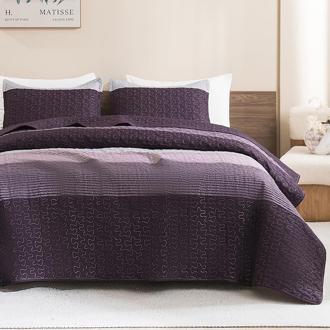 Litanika California King Quilt Set Purple and Grey - Cal King Oversized Stripe Comforter Bedspreads & Coverlets - Soft Lightweight Quilted Bedding Set for All Season(1 Quilt, 2 Pillowcases)