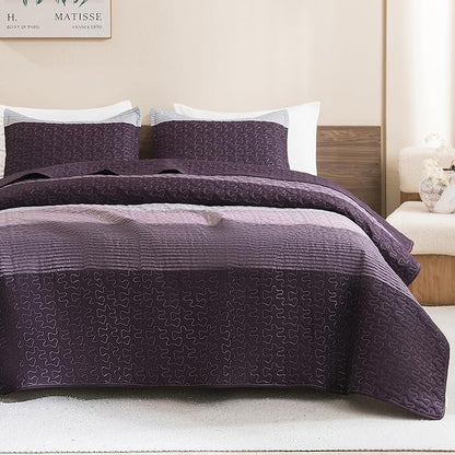 Litanika California King Quilt Set Purple and Grey - Cal King Oversized Stripe Comforter Bedspreads & Coverlets - Soft Lightweight Quilted Bedding Set for All Season(1 Quilt, 2 Pillowcases)